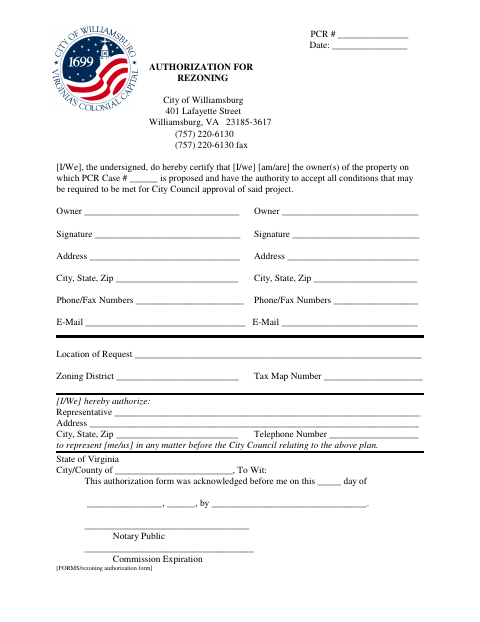 Authorization for Rezoning, City of Williamsburg form, first page