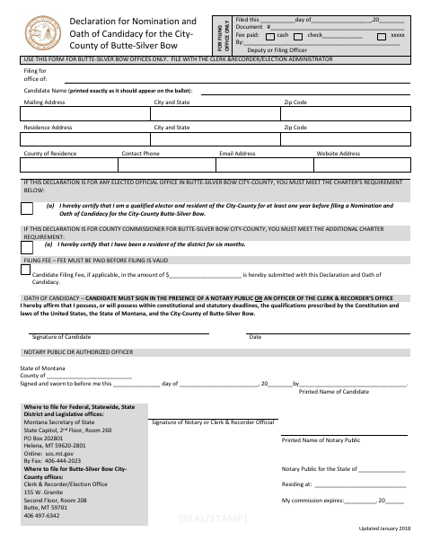 Declaration for Nomination and Oath of Candidacy, Silver Bow County form, first page