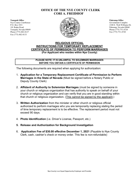 Religious Official Application for Temporary Replacement Certificate of Permission to Perform Marriages, Nye County form, first page