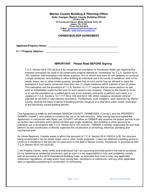 Owner/Builder Agreement, Marion County form, first page