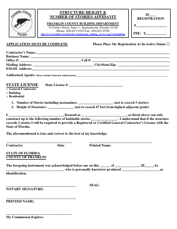Structure HEIGHT & Number of Stories Affidavit — Franklin County form, first page