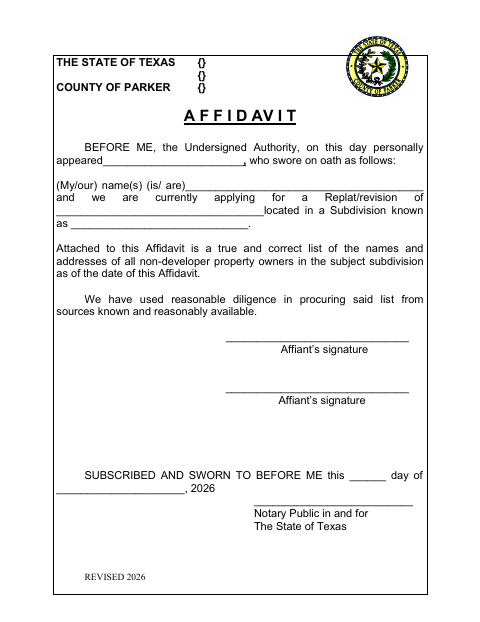 Replat or Revision Affidavit, Parker County form, first page
