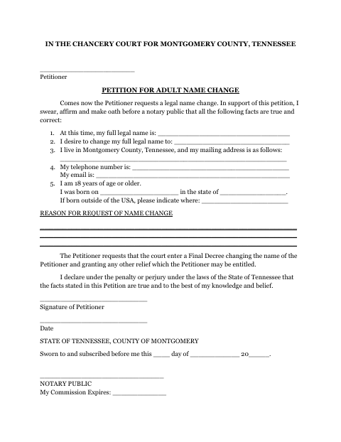 Petition for Adult Name Change, Montgomery County form, first page