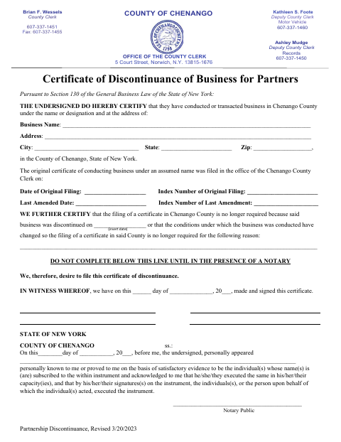 Certificate of Discontinuance of Business for Partners, Chenango County form, first page