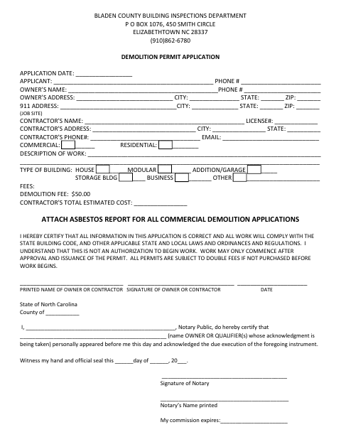 Demolition Permit Application, Bladen County form, first page