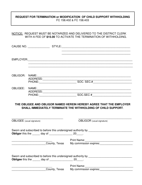 Request for Termination or Modification of Child Support Withholding, Hays County form, first page