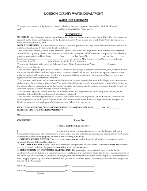 Water User Agreement, Robeson County form, first page