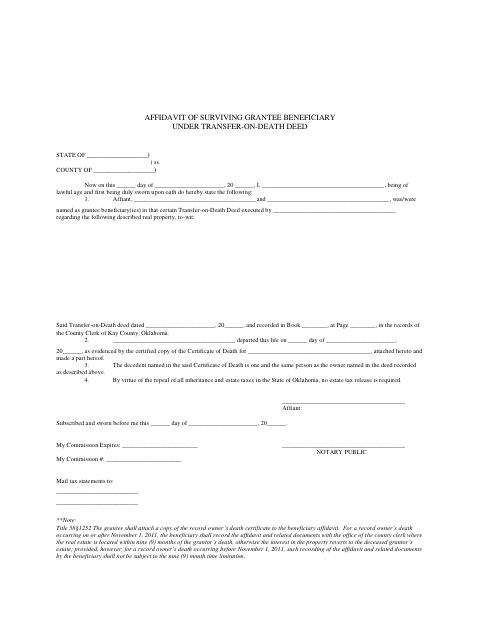 Affidavit of Surviving Grantee Beneficiary Under Transfer-on-Death Deed, Kay County form, first page