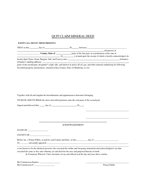 Quit Claim Mineral Deed, Kay County form, first page