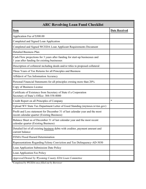 ARC Revolving Loan Fund Checklist, Wyoming County form, first page