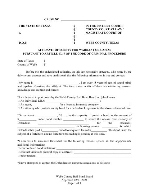 Affidavit of Surety for Warrant or Capias, Webb County form, first page