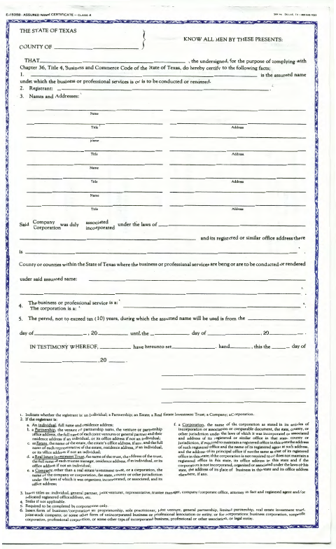 Assumed Name Certificate – Class 4, Houston County form, first page