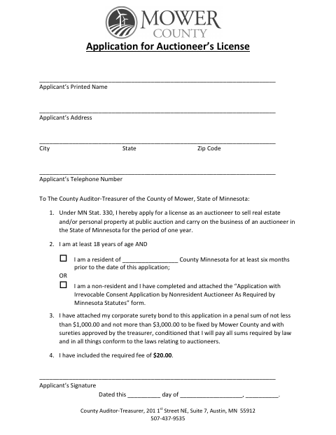 First page of the Application for Auctioneer’s License