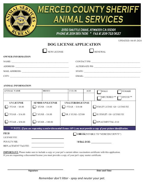 First page of the Dog License Application