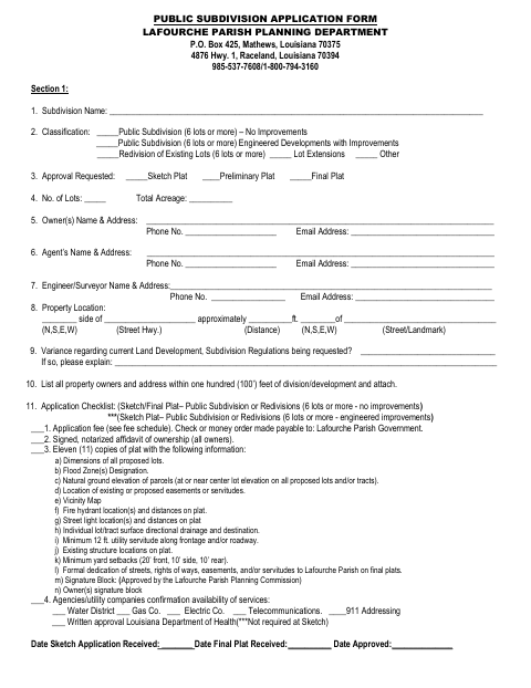 Public Subdivision Application, Lafourche Parish form, first page