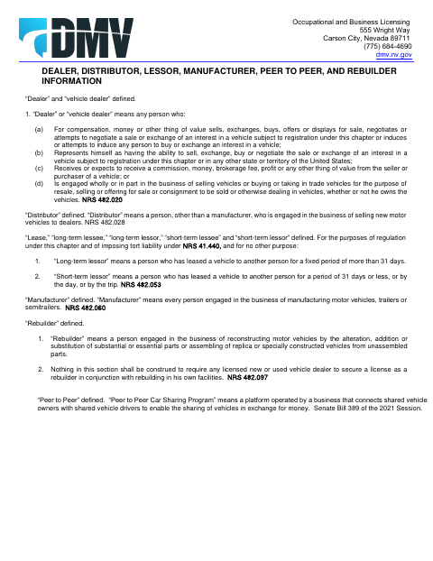 OBL335 Dealer, Distributor, Lessor, Manufacturer, Peer-to-Peer, and Rebuilder Information and Application first page