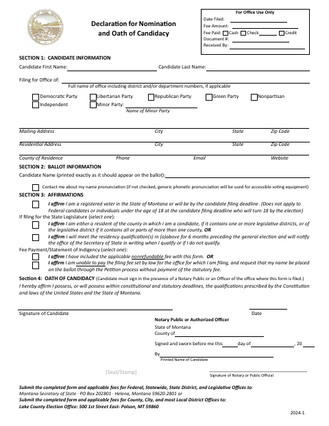 Declaration for Nomination and Oath of Candidacy, Lake County form, first page