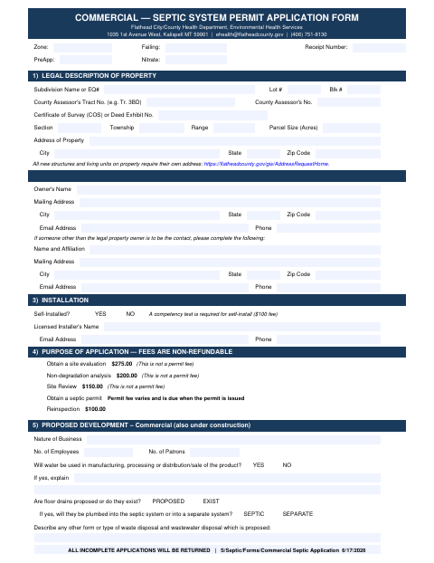 First page of the Commercial Septic System Permit Application