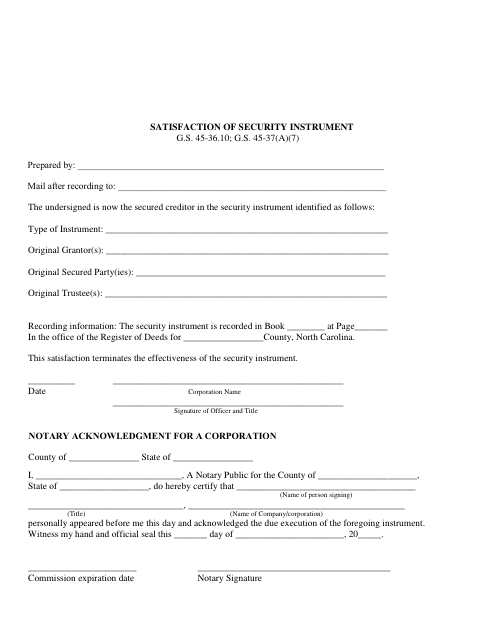 Satisfaction Of Security Instrument, Gaston County form, first page