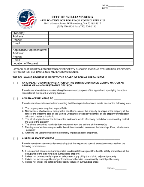 Application For Board Of Zoning Appeals, City of Williamsburg form, first page