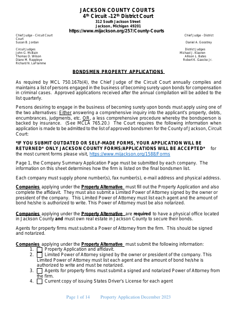 Bondsmen Property Application, Jackson County form, first page