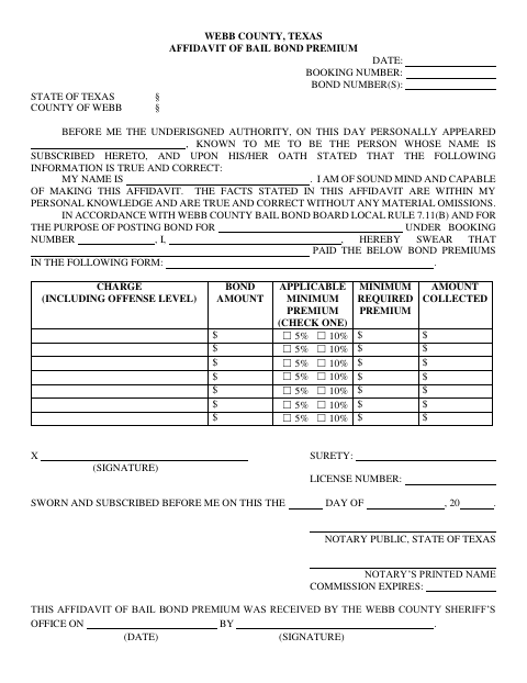 Affidavit of Bail Bond Premium, Webb County form, first page