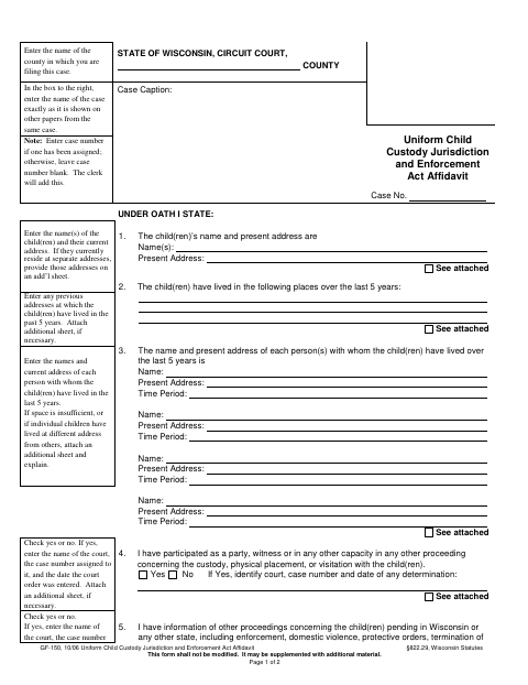 Uniform Child Custody Jurisdiction and Enforcement Act Affidavit, St. Croix County form, first page