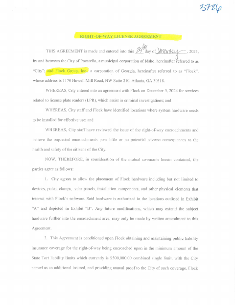 First page of the Right-of-Way License Agreement