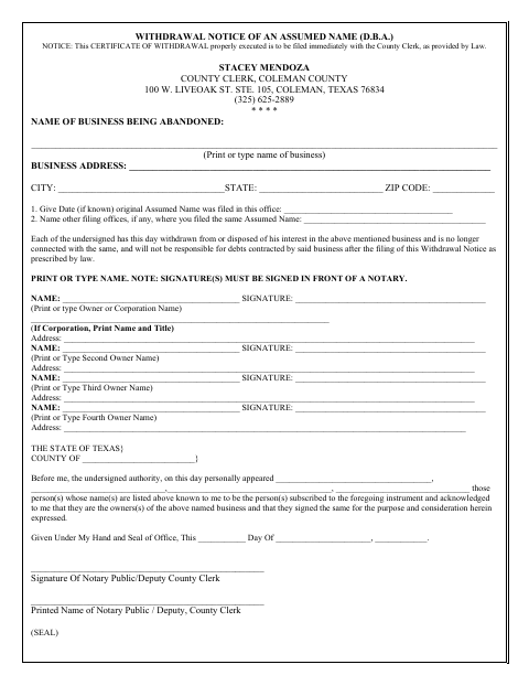 Withdrawal Notice of an Assumed Name, Coleman County form, first page