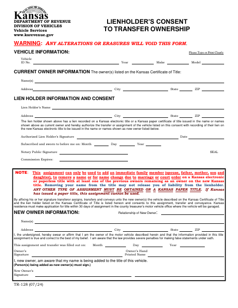 TR-128 Lienholder’s Consent to Transfer Ownership first page