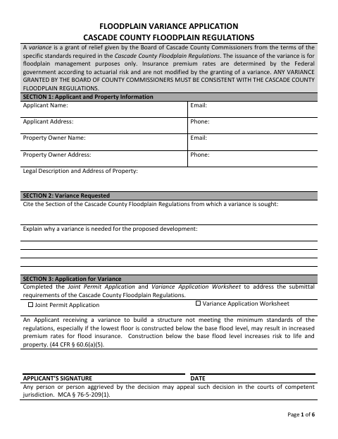 Floodplain Variance Application, Cascade County form, first page