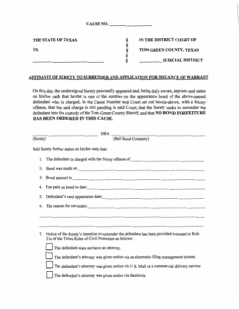 Affidavit of Surety to Surrender and Application for Issuance of Warrant, Tom Green County form, first page
