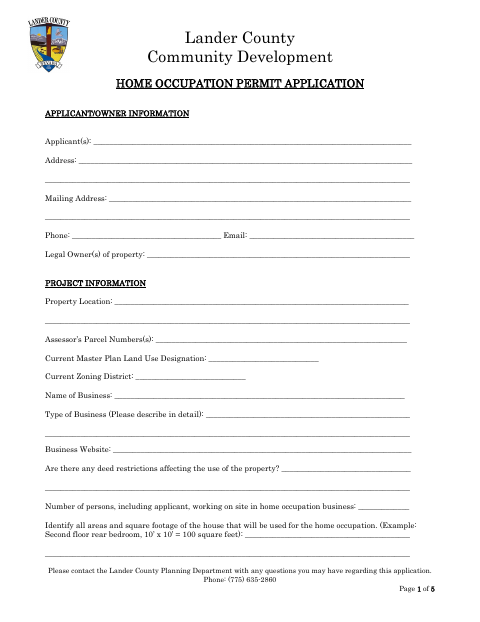 Home Occupation Permit Application, Lander County form, first page