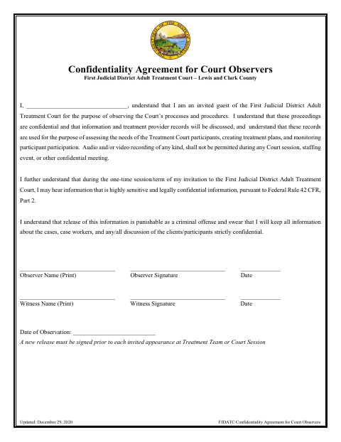 First page of the Confidentiality Agreement for Court Observers