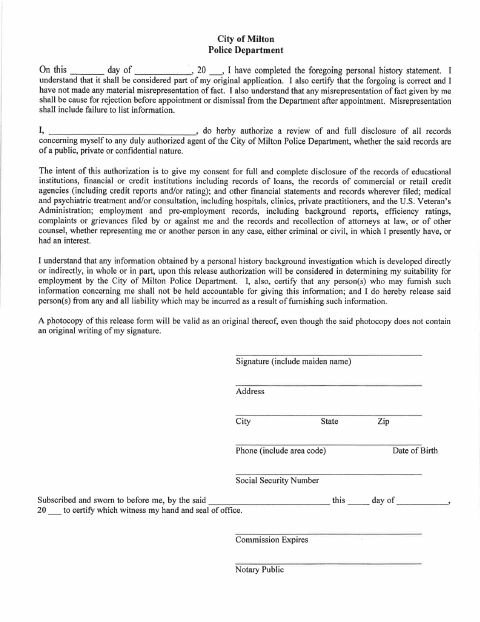 First page of the Personal History Statement and Release Authorization