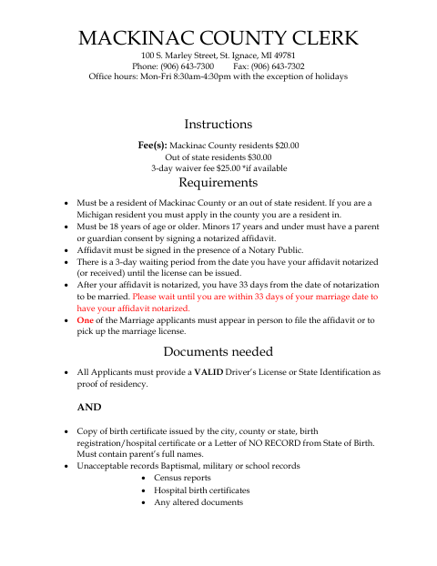 Affidavit for License to Marry, Mackinac County form, first page