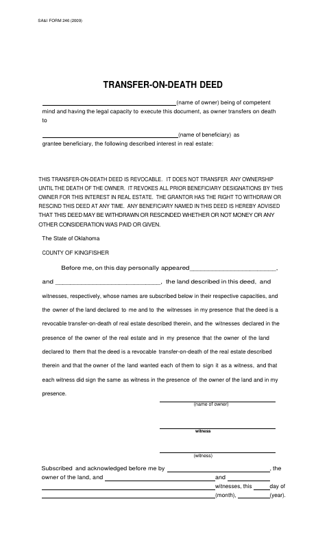 Transfer-On-Death Deed, Kingfisher County form, first page