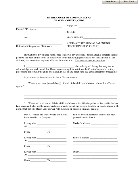 Affidavit Regarding Parenting Proceeding, Geauga County form, first page
