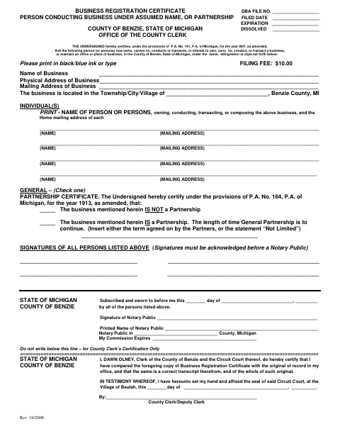 Business Registration Certificate for Assumed Name or Partnership, Benzie County form, first page