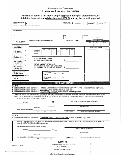 Campaign Finance Statement Under $250, Centre County form, first page