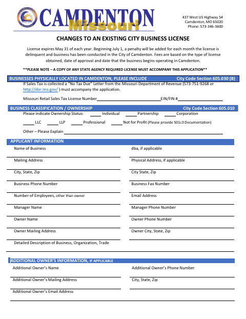 First page of the Changes to an Existing City Business License