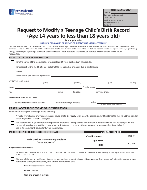 HD002291 Request to Modify a Teenage Child’s Birth Record first page