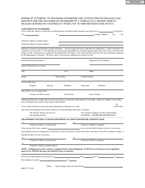 Power of Attorney to Transfer Vehicle Ownership and Attest to Mileage and Identity, Lucas County form, first page