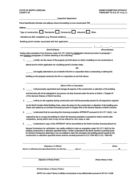 Owner Exemption Affidavit, Bladen County form, first page