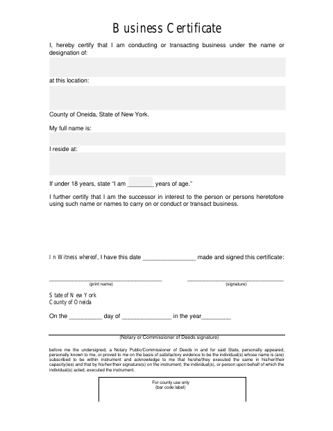 Business Certificate, Oneida County form, first page
