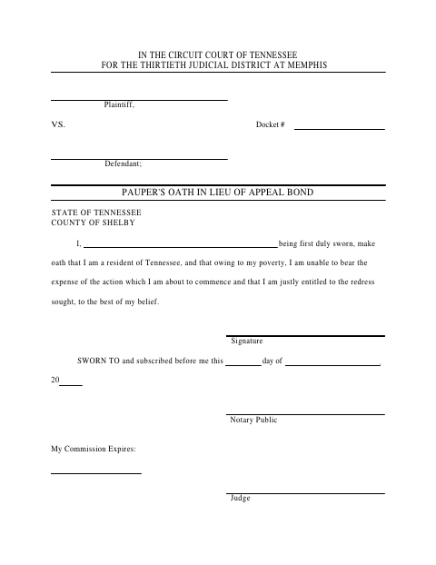 Pauper's Oath in Lieu of Appeal Bond, Shelby County form, first page