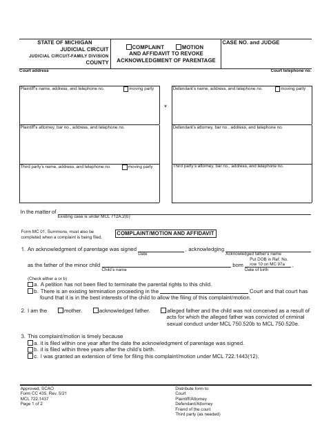 Complaint, Motion, and Affidavit to Revoke Acknowledgment of Parentage, Grand Traverse County form, first page