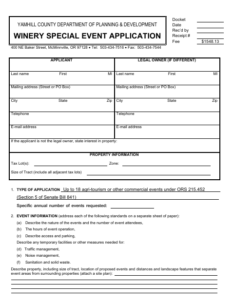 Winery Special Event Application (7–18 Events), Yamhill County form, first page