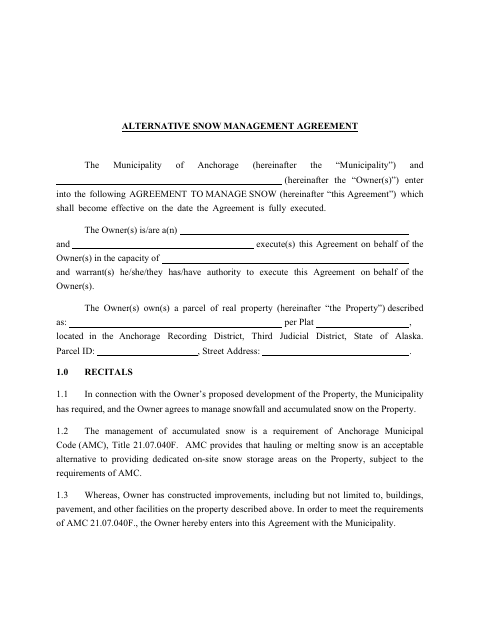 Alternative Snow Management Agreement, Anchorage Municipality form, first page