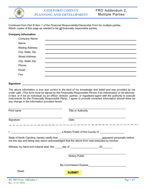 FRO Addendum 2, Multiple Parties, Guilford County form, first page